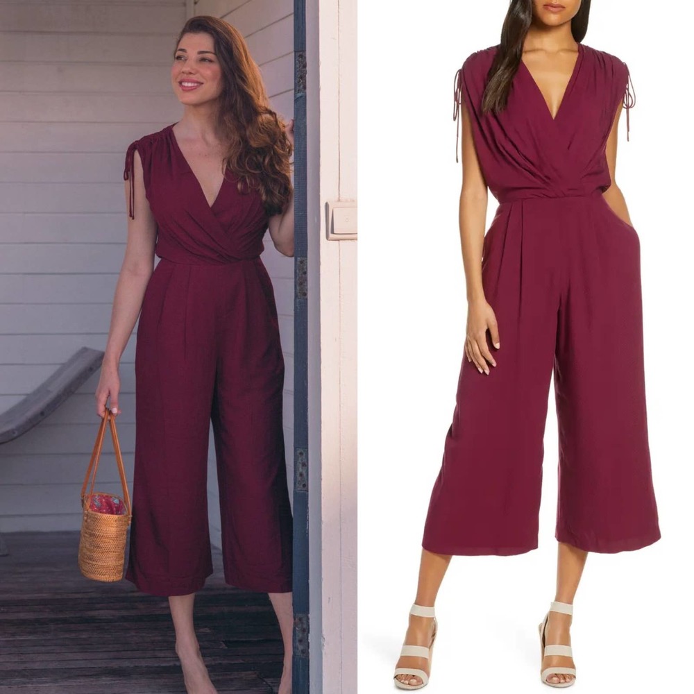 Gal Meets Gal Luella Jumpsuit 6 Oxblood Burgundy Ruched Shoulder Crop Wide Leg